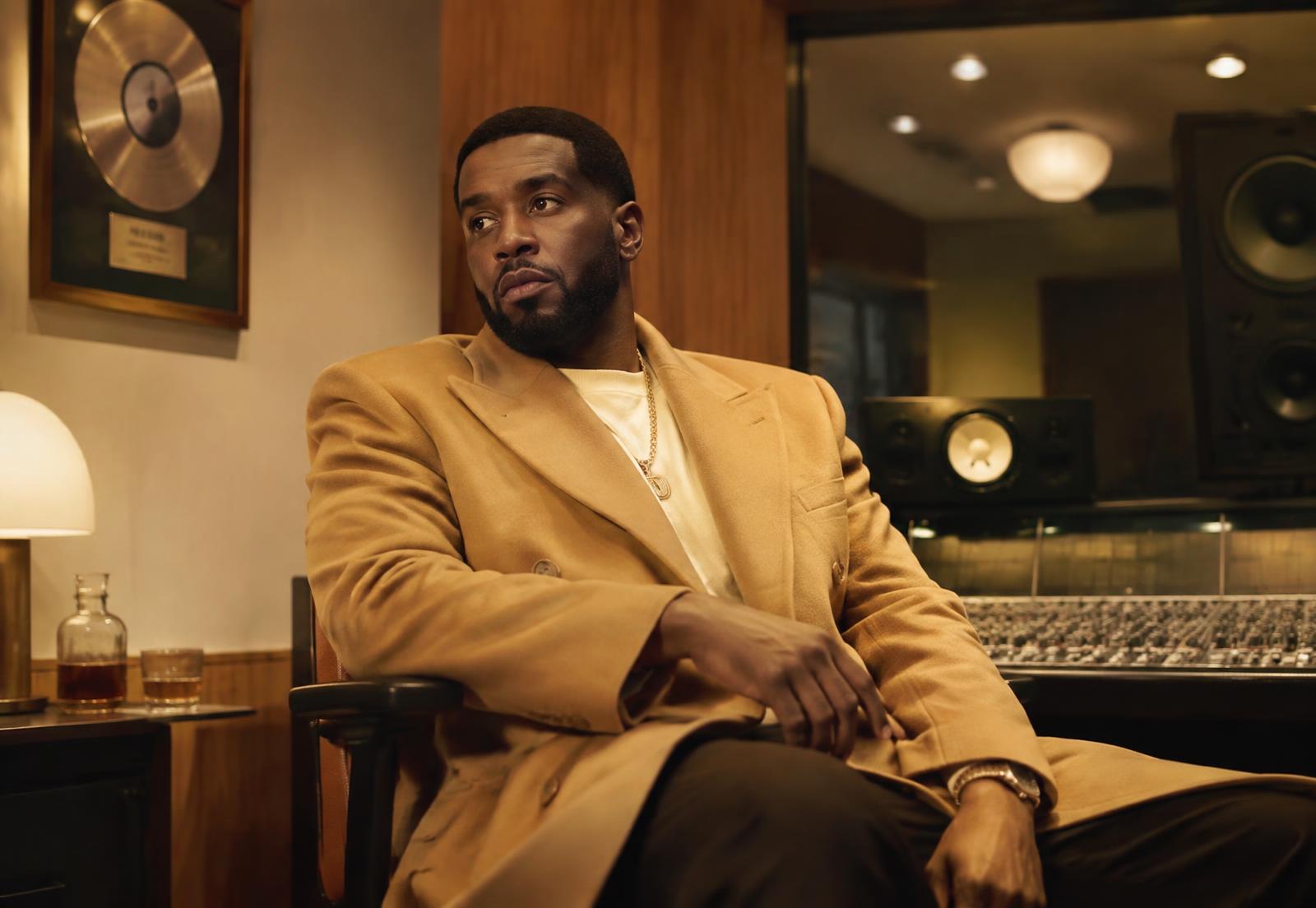 Hip-hop artist in a warm recording studio